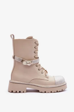 Damskie Boto Skórzane Zdobione Botki Workery Damskie Beżowe Totah