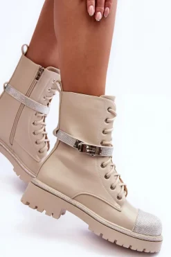 Damskie Boto Skórzane Zdobione Botki Workery Damskie Beżowe Totah