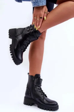 Hot Boto Skórzane Zdobione Botki Workery Czarne Carshena