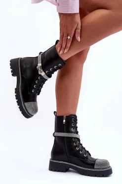 Damskie Boto Skórzane Zdobione Botki Workery Damskie Czarne Totah