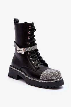 Damskie Boto Skórzane Zdobione Botki Workery Damskie Czarne Totah