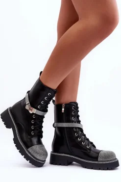 Damskie Boto Skórzane Zdobione Botki Workery Damskie Czarne Totah