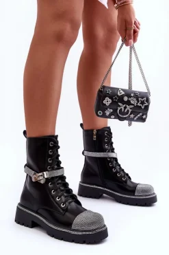 Damskie Boto Skórzane Zdobione Botki Workery Damskie Czarne Totah