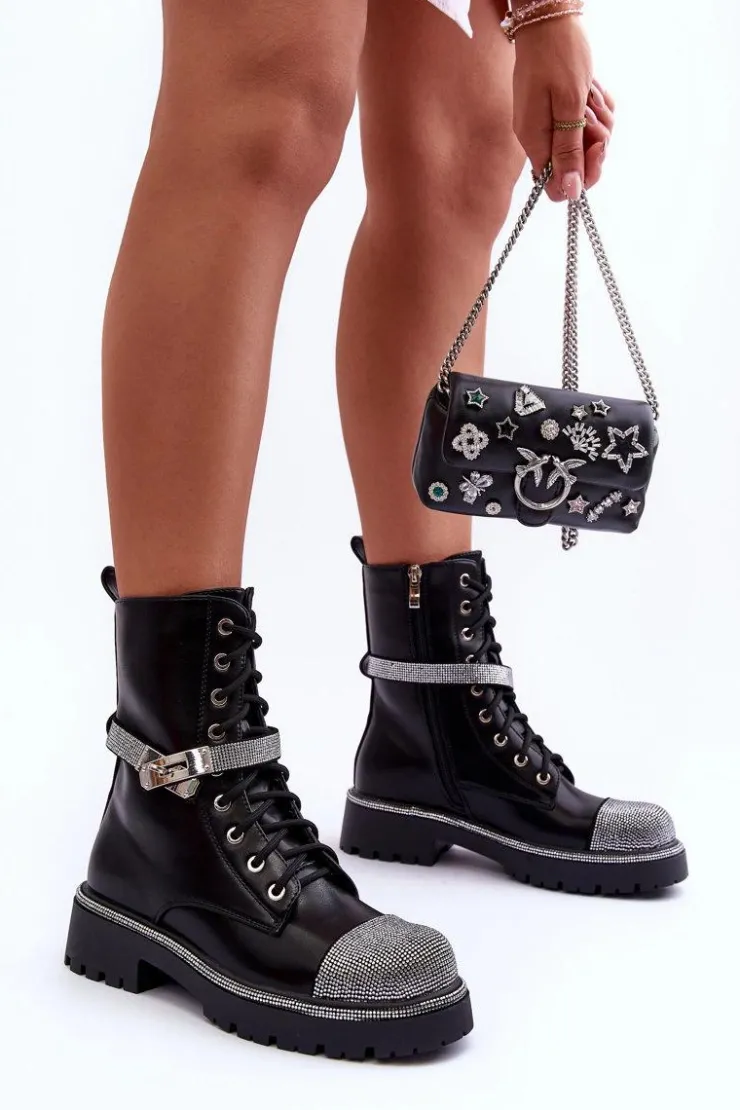 Damskie Boto Skórzane Zdobione Botki Workery Damskie Czarne Totah