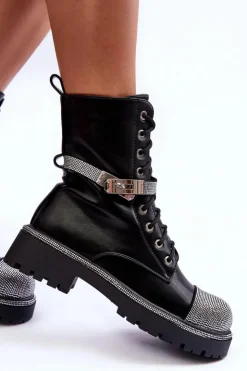 Damskie Boto Skórzane Zdobione Botki Workery Damskie Czarne Totah