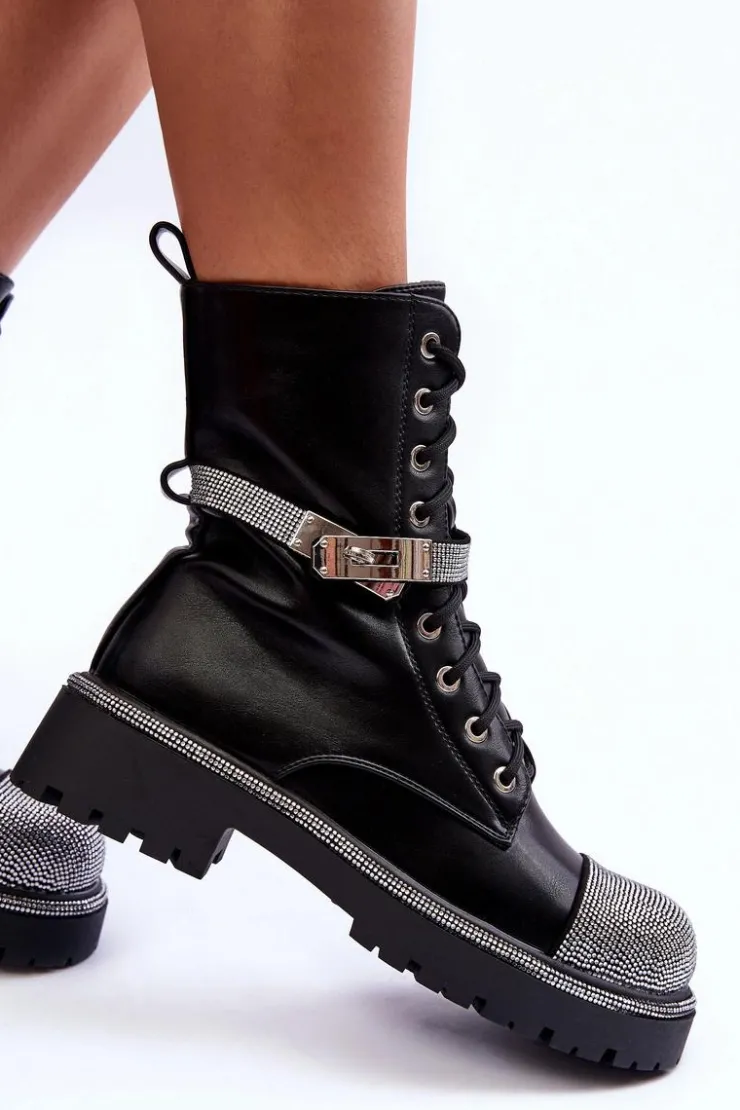 Damskie Boto Skórzane Zdobione Botki Workery Damskie Czarne Totah