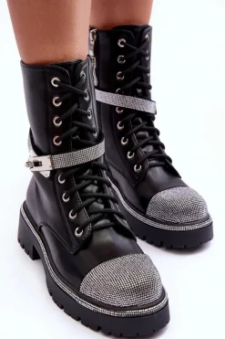 Damskie Boto Skórzane Zdobione Botki Workery Damskie Czarne Totah