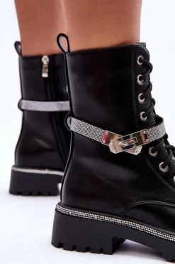 Damskie Boto Skórzane Zdobione Botki Workery Damskie Czarne Totah