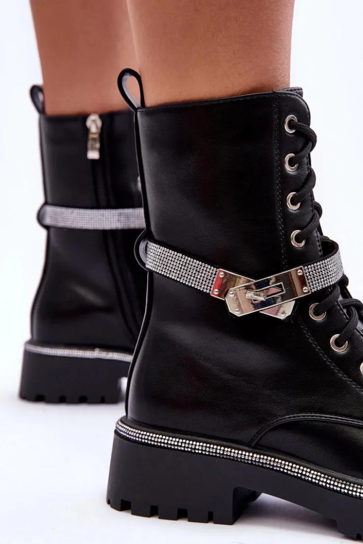 Damskie Boto Skórzane Zdobione Botki Workery Damskie Czarne Totah