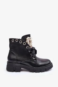 Clearance Boto Skórzane Zdobione Niskie Botki Na Płaskim Obcasie Czarne Binga