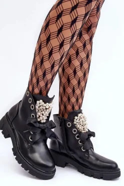 Clearance Boto Skórzane Zdobione Niskie Botki Na Płaskim Obcasie Czarne Binga