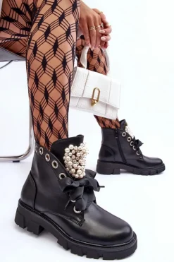 Clearance Boto Skórzane Zdobione Niskie Botki Na Płaskim Obcasie Czarne Binga