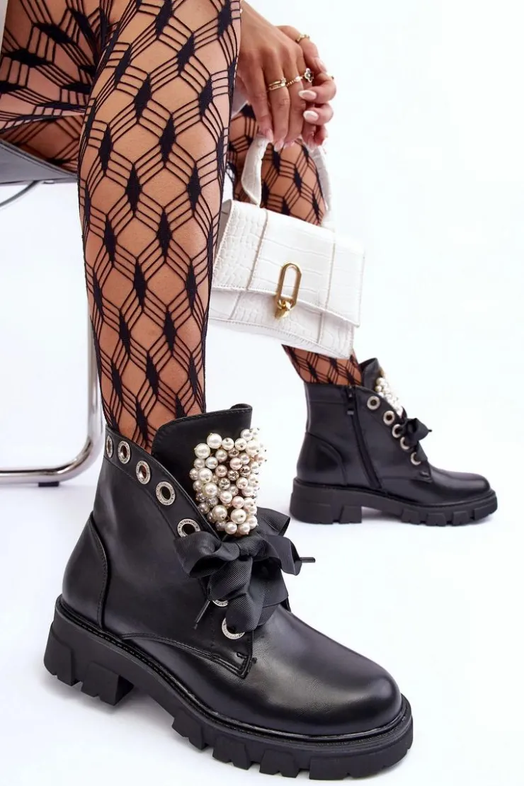 Clearance Boto Skórzane Zdobione Niskie Botki Na Płaskim Obcasie Czarne Binga