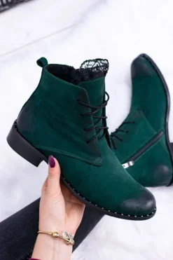 Hot Boto Skórzane Zielone Damskie Botki Z Koronką Millano