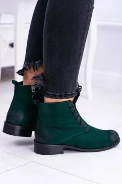 Hot Boto Skórzane Zielone Damskie Botki Z Koronką Millano