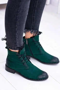 Hot Boto Skórzane Zielone Damskie Botki Z Koronką Millano