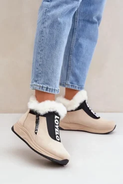 Damskie Boto Sneakersy Botki Damskie Z Futerkiem Beżowe Zeriana