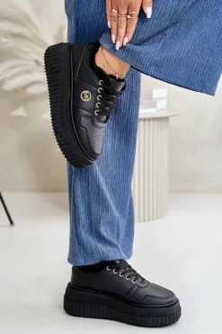 Boto Sneakersy Damskie*Sneakersy Buty Sportowe Damskie Ocieplane Na Masywnej Podeszwie Czarne Verissha Czarny