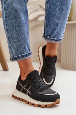 Damskie Boto Sneakersy Buty Sportowe Damskie Sznurowane Na Platformie Czarne Mialunae