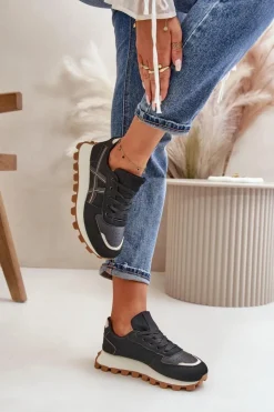 Damskie Boto Sneakersy Buty Sportowe Damskie Sznurowane Na Platformie Czarne Mialunae