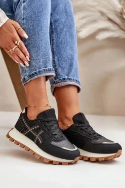 Damskie Boto Sneakersy Buty Sportowe Damskie Sznurowane Na Platformie Czarne Mialunae