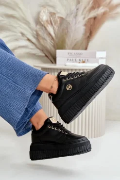 Sale Boto Sneakersy Buty Sportowe Damskie Ocieplane Na Masywnej Podeszwie Czarne Ardiela Czarny