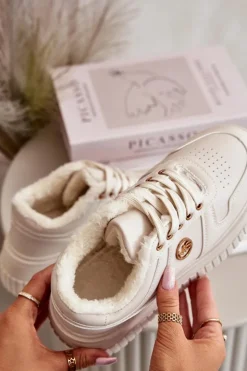 Damskie Boto Sneakersy Buty Sportowe Damskie Ocieplane Na Masywnej Podeszwie Beżowe Verissha