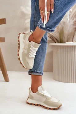 Clearance Boto Sneakersy Buty Sportowe Damskie Sznurowane Na Platformie Beżowe Mialunae