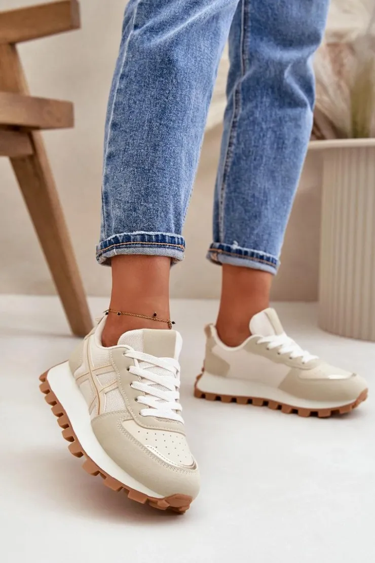 Clearance Boto Sneakersy Buty Sportowe Damskie Sznurowane Na Platformie Beżowe Mialunae