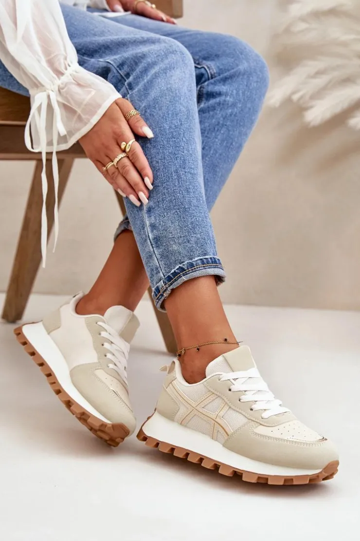 Clearance Boto Sneakersy Buty Sportowe Damskie Sznurowane Na Platformie Beżowe Mialunae