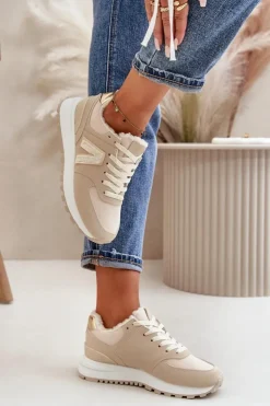 Boto Sneakersy Damskie*Sneakersy Buty Sportowe Damskie Ocieplane Kożuchem Beżowe Ciamara