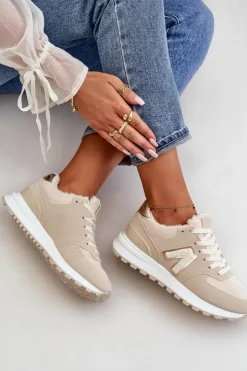 Boto Sneakersy Damskie*Sneakersy Buty Sportowe Damskie Ocieplane Kożuchem Beżowe Ciamara