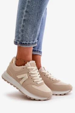Boto Sneakersy Damskie*Sneakersy Buty Sportowe Damskie Ocieplane Kożuchem Beżowe Ciamara