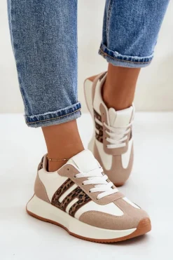 Damskie Boto Sneakersy Buty Sportowe Na Platformie Panterka Damskie Beżowe Thari