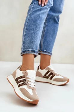 Damskie Boto Sneakersy Buty Sportowe Na Platformie Panterka Damskie Beżowe Thari