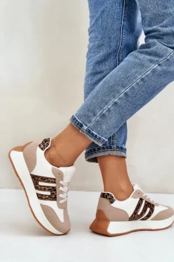 Damskie Boto Sneakersy Buty Sportowe Na Platformie Panterka Damskie Beżowe Thari