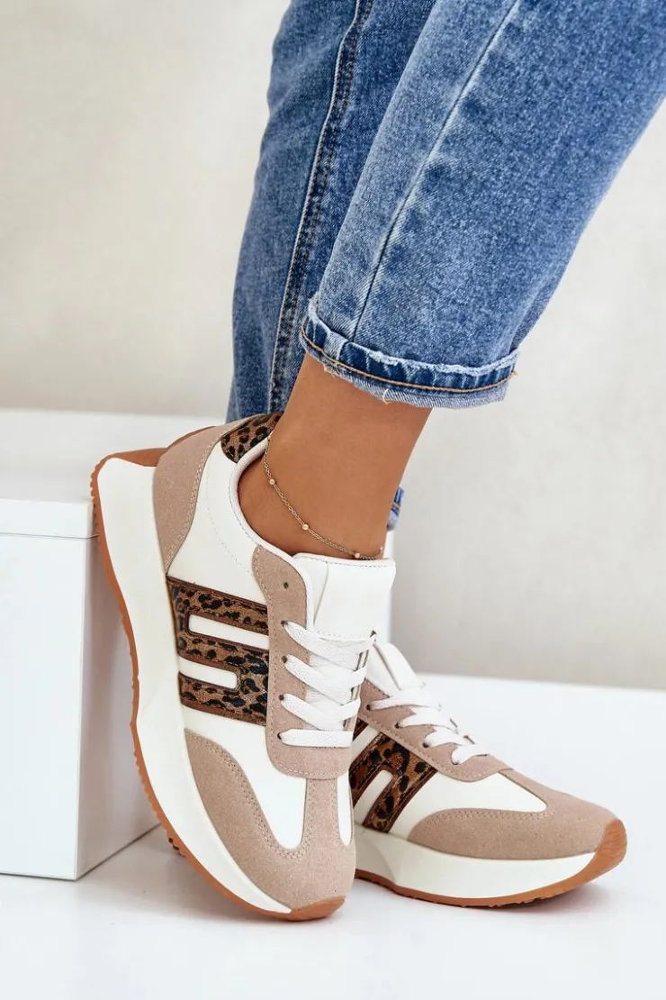 Damskie Boto Sneakersy Buty Sportowe Na Platformie Panterka Damskie Beżowe Thari