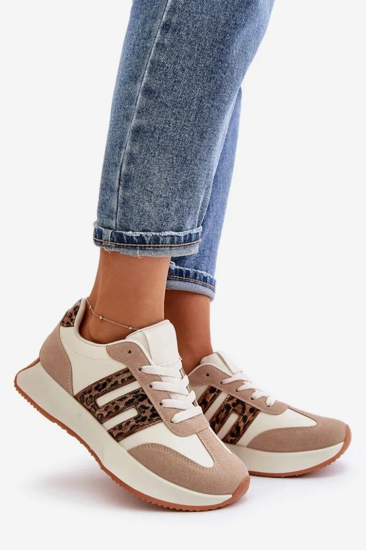 Damskie Boto Sneakersy Buty Sportowe Na Platformie Panterka Damskie Beżowe Thari