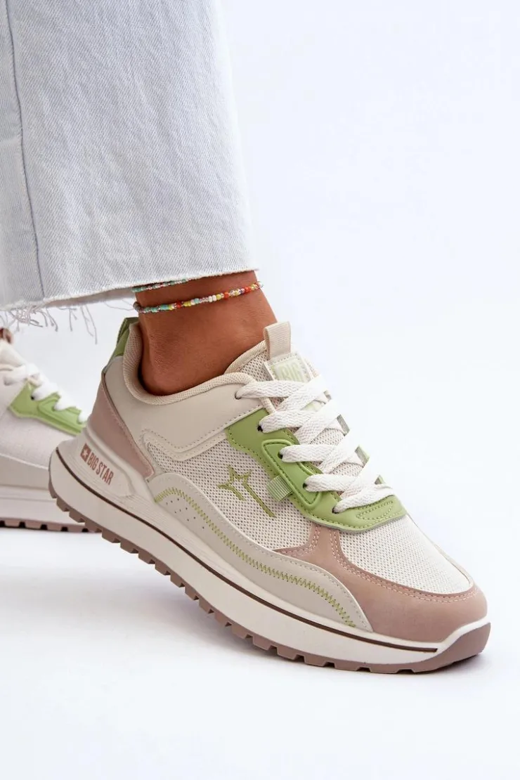 Outlet Big Star Shoes Sneakersy Damskie Big Star NN274A091 Beżowo-Zielone