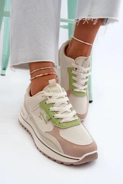 Outlet Big Star Shoes Sneakersy Damskie Big Star NN274A091 Beżowo-Zielone