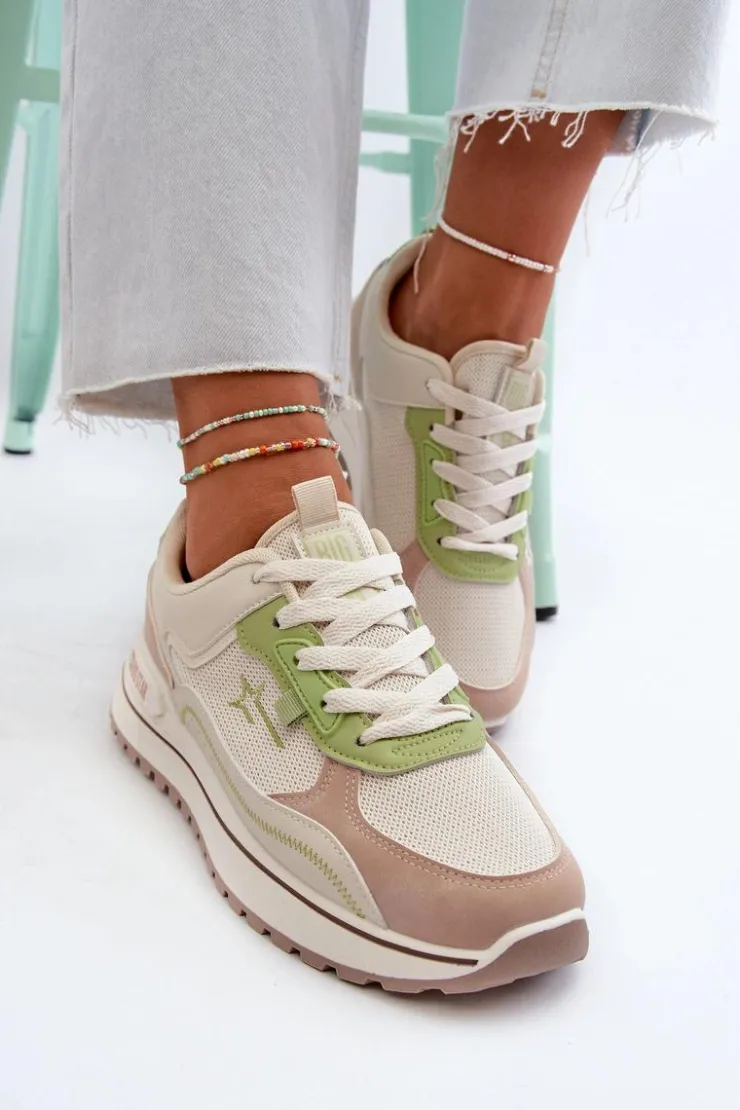 Outlet Big Star Shoes Sneakersy Damskie Big Star NN274A091 Beżowo-Zielone