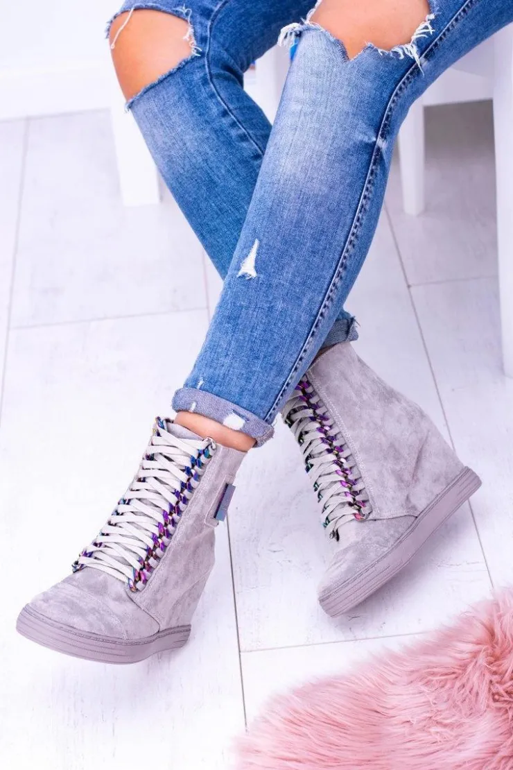 Boto Sneakersy Damskie*Sneakersy damskie Lu Boo Szare Zamszowe z Opalizującymi Łańcuchami Monica