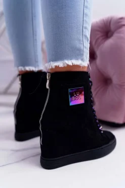 Damskie Boto Sneakersy Damskie Lu Boo Czarne Zamszowe z Opalizującymi Łańcuchami Monica