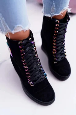 Damskie Boto Sneakersy Damskie Lu Boo Czarne Zamszowe z Opalizującymi Łańcuchami Monica