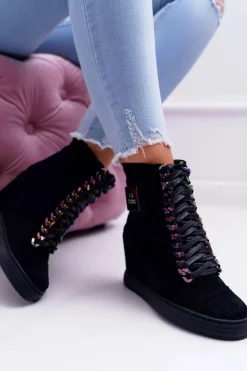 Damskie Boto Sneakersy Damskie Lu Boo Czarne Zamszowe z Opalizującymi Łańcuchami Monica