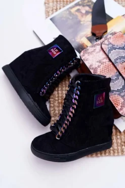 Damskie Boto Sneakersy Damskie Lu Boo Czarne Zamszowe z Opalizującymi Łańcuchami Monica