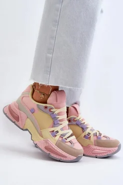 Boto Sneakersy Damskie*Sneakersy Damskie Na Grubej Podeszwie Różowo-Żółte Peonema