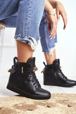 Damskie Boto Sneakersy Damskie Na Koturnie Złota Kłódka Całe Czarne Tersey