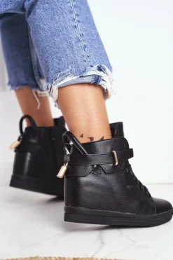 Damskie Boto Sneakersy Damskie Na Koturnie Złota Kłódka Całe Czarne Tersey