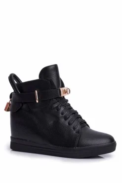 Damskie Boto Sneakersy Damskie Na Koturnie Złota Kłódka Całe Czarne Tersey